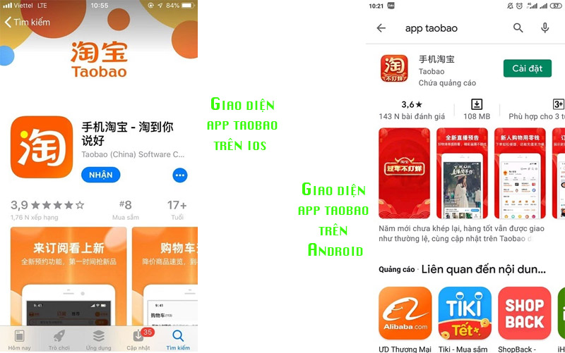 App trung gian Taobao trên 2 nền tảng hệ điều hành